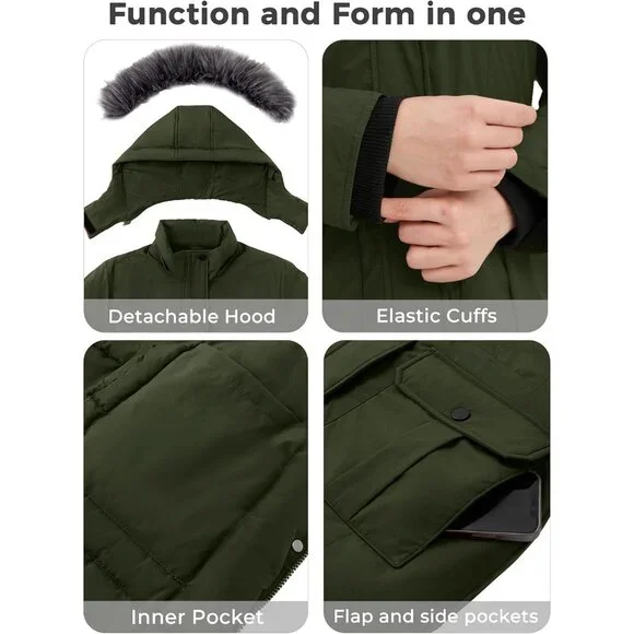 Women's Winter Warm Cozy Thicken Green Hood Puffer Jacket Coats Inner pocket